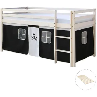 Homestyle4u Hochbett Pirat 90 x 200 cm Kiefer massiv weiß schwarz