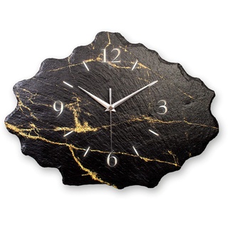 Kreative Feder Designer-Wanduhr aus Stein (Beton) Größe ca. 40 x 30cm mit flüsterleisem Uhrwerk - Black & Gold schwarz