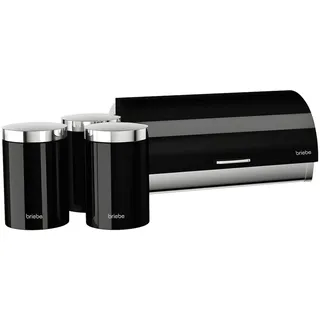 Briebe Set aus Brotkasten +3 Küchenvorratsdosen aus Robustem Edelstahl Modernes Design, Schwarz/Edelstahl