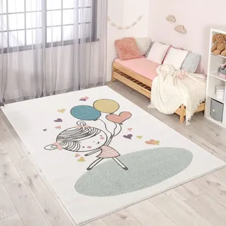 carpet city Kinderteppich Mädchen mit Ballons - 80x150 cm - Bunter Spielteppich fürs Kinderzimmer, weich, Cartoon-Design, Herz & Ballons Motiv