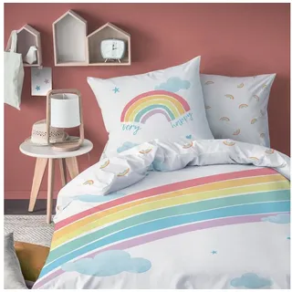 MTOnlinehandel Bettwäsche Regenbogen 135x200 + 80x80 cm, 100 % Baumwolle, Biber, 2 teilig, Happy Rainbow Kinderbettwäsche mit Wolken, Herzen & Sternen weiß