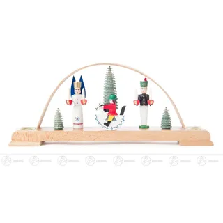 Dregeno Erzgebirge Lichterbogen Schwibbogen mit Engel, Bergmann und Reiterlein, farbig, für Kerzen bunt