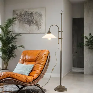 Licht-Erlebnisse Premium Stehleuchte aus Messing Antik E27 bis 40W 230V Glas matt Wohnzimmer Lampe Leuchte innen Beleuchtung Bodenleuchte Bodenlampe