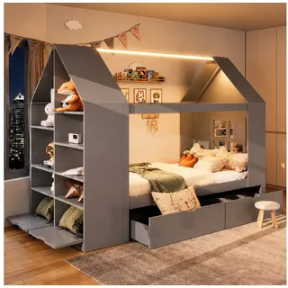 Odikalo Kinderbett Einzel/Holzbett 90×200 Hausförmiges Design mit Stauraum & LED (mit zwei Schubladen Multifunktionsbett Geeignet für Kinder Jugendliche Weiß/Grau/Natur) grau