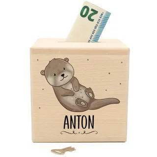 Muckelmeister Spardose Kinder Personalisiert mit Namen aus Holz - Otter | 10x10x10cm, Spardose mit Schloss und Schlüssel, Geschenke Mädchen und Jungen Weihnachten, originelle Geschenke zur Geburt