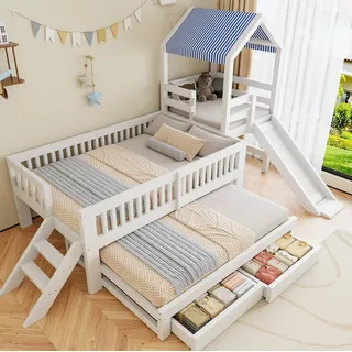 REDOM Kinderbett Holzbett mit Ausziehbett 90x190 cm – Hausbett mit Stauraumschubladen (Gästebett 90x200 cm, mit Rutsche, Seitentreppe, Schubladen und Stoffdach, Gästebett), ohne Matratze