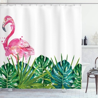 ABAKUHAUS Flamingo Duschvorhang, Exotische Natur Flamingo, Stoffliches Gewebe Badezimmerdekorationsset mit Haken, 175 x 220 cm, Grün Blau Rosa