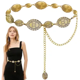 Wekuw Kettengürtel 125 cm Bauchkette Waist Chains Belts For Women Taillenkette für Damen Hüftkette Gürtel Punk Gotische Verstellbare Vintage Legierungsgürtel, für Frauen Mädchen Kleider Jeans (Gold)
