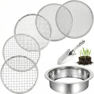 Erdsieb Edelstahl 7-teilig Gartensieb Set, kompostsieb rund metall mit 5 austauschbaren Siebeinsätzen (1,3,6,9,12mm) mit Spaten für Erde, Katzenstreu, Kompost