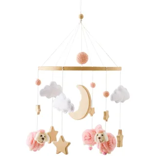 Herfair Mobile Baby Bettglocke mit Sterne Mond Schafe Hölz Mädchen Hängende Mobile Windspiel für Babybett Kinderbett (Schafe Rosa)