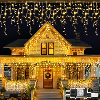 Eisregen Lichterkette Außen, 5M 216LED Warmweiß Eisregen Weihnachtsbeleuchtung Außen mit Timer, IP44 Wasserdicht 8 Modi mit Stecker für Innen Außen Balkon, Party, Hochzeit, Haus, Fenster, Garten Deko