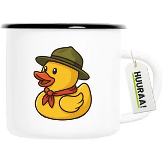 Huuraa Emaille Tasse Quietscheente Pfadfinder Jungpfadfinder 300ml | 300ml Becher Weiß mit Schwarzem Rand Vintage Campingbecher Geschenkidee Kaffeetasse als Wohnwagen Zubehör Campingtasse