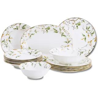 Peill+Putzler Germany, Tafelservice für 6 Personen aus hochwertigem Bon China Porzellan, 15-teiliges Geschirrset in weiß florales Muster, 6xSpeiseteller, 6xSuppenteller, 1xServierplatte, 2xSalatschale