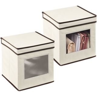 mDesign 2er-Set Aufbewahrungsbox – kleine Aufbewahrungskiste mit Deckel und Sichtfenster aus Kunststoff – quadratische Schrankbox zur Kleideraufbewahrung im Schlafzimmer – cremefarben und braun