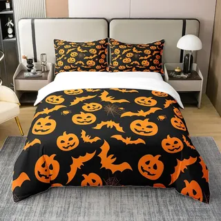 Kürbis Laterne 100% Baumwolle Bettbezug Fledermäuse Halloween Dekoration,Schwarz Orange Bettwäsche Set 135x200,Gothic Fledermaus Tröster Abdeckung Cartoon Spinnennetz Halloween Bett mit 1 Kissenbezug