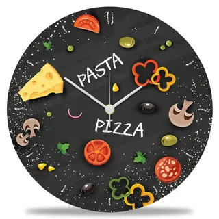 GRAVURZEILE Wanduhr aus Holz Pizza & Pasta - 100% Lautlos kein Ticken absolut geräuschlos - 30 cm Ø - Design Wanduhren für Wohnzimmer Schlafzimmer & Küche