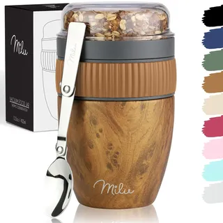 Milu Müslibecher to go 400ml MüsliMax I isolierter Edelstahl Joghurtbecher für Müsli I auslaufsicherer Becher mit Löffel für Yoghurt/Porridge (Holzoptik)