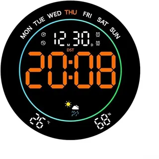 LED Wanduhr mit Wettervorhersage, großes Display, 8 Farben & 3 dynamische Effekte, Countdown-Timer, 10 Helligkeitsstufen, für Wohnzimmer, Küche und Büro, modernes Design(Orange)