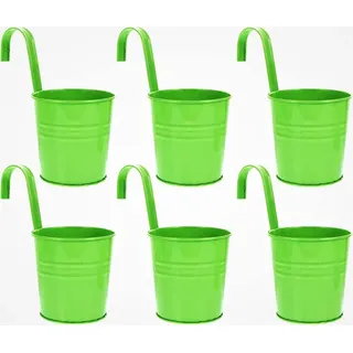 Riyashop 6er Set Grün Blumentopf hängend - Hängetopf - Pflanztopf - Übertopf - Hängeblumentopf - Blumenübertopf Zink - Ø 9/13 cm - B/H/T ca. 13 x 28 x 24 cm - mit abnehmbaren Haken