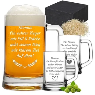 Personalisierter Bierkrug mit Gravur 0,5 Liter - Bierglas aus Glas mit Namen & Wunschtext 6 Zeilen - Geschenk für Männer zum Vatertag, Geburtstag & Opa - Motiv-Auswahl