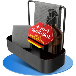 QOSI ® Spülbecken Organizer schwarz aus rostfreiem Edelstahl | Spüle Organizer mit Schwammhalter, Spüllappenhalter Spülmittel Organizer | Waschbecken Organizer Küche | Sink Organizer