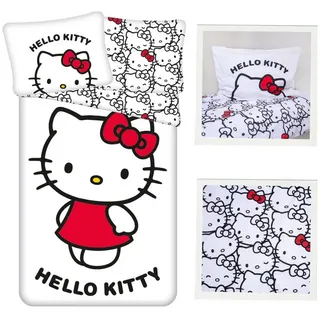 Jerry Fabrics Hello Kitty Kinderbettwäsche mit Schleife Weiß 140 x 200 cm + 70 x 90 cm