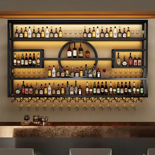 Weinregal Zur Wandmontage Mit Glashaltern,Metall Flaschenregal Weinregale,Weinflaschenhalter,Wand Flaschenhalter Ideal Als Barregal Und Getränkehalter,Stilvolles Design Für Weinkeller Und Küche(Black,