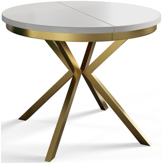 Runder Esszimmertisch BERG, ausziehbarer Tisch Durchmesser: 120 cm/200 cm, Wohnzimmertisch Farbe: Weiß, mit Metallbeinen in Farbe Gold