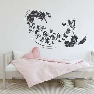 GRAZDesign Wandtattoo Schlafzimmer Feder Schmetterlinge, Wand Deko Klebefolie modern & selbstklebend - 91x57cm / 070 schwarz