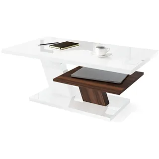 Mazzoni Couchtisch Cliff Weiß Hochglanz / Nussbaum Wohnzimmertisch 110x60x45cm weiß