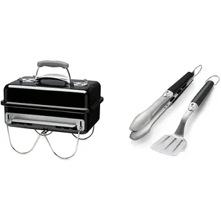 Weber Go-Anywhere Holzkohlegrill, portabel, Schwarz (1131004), 27x31x43 cm & 6645 Grillbesteck Kompakt 2-teilig, Zange und Wender, Edelstahl, schwarz