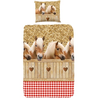 GOOD MORNING Kinder Bettbezug mit Pferde-Motiv, Einzelbett-Größe, 100% Baumwolle, Sand