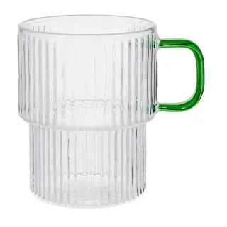 Geriffeltes Latte-Glas mit grünem Henkel, 300 ml – Transparent
