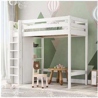 SOFTWEARY Hochbett Kinderbett mit Lattenrost und Kleiderschrank (90x200 cm) Einzelbett mit Rausfallschutz, Kiefer weiß