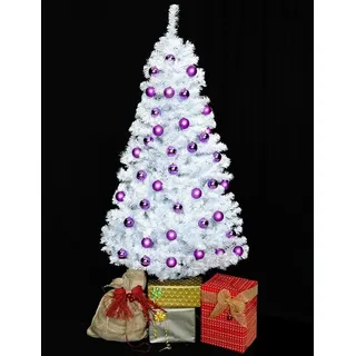 Weißer Weihnachtsbaum 180cm geschmückt mit lila Kugeln und LEDs