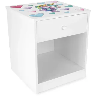 Leomark Nachttisch aus Holz - Einhorn - Nachtschränkchen mit Schublade, Nachtschrank für Kinder, Weiß Nachtkonsole mit Aufdruck, Höhe: 40 cm