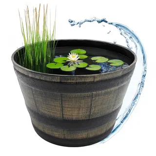 Kunststoff Blumenkübel in Eichenfass Optik braun - 44 cm - Mini Gartenteich Becken im Holz Wasserkübel Design – Garten Deko Miniteich Pflanzkübel Blumenkasten Holzfass Wassertrog Zuber Bottich