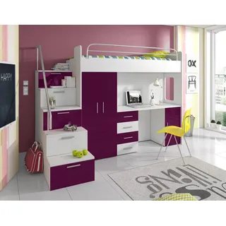 Compleo Jugendbett Etagenbett mit Schreibtisch und Treppe, Schrank und Schreibtisch MOES, für Jungen und Mädchen, Hochbett lila