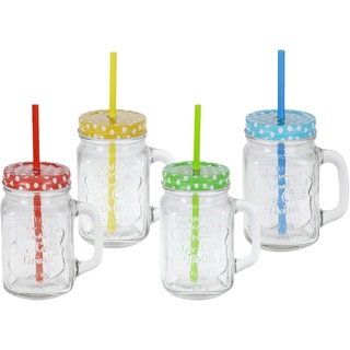 Spetebo Trinkgläser mit Deckel und Strohhalm - 4er Set - Vintage Gläser mit Henkel - Deckelgläser Gläserset mit Schraubdeckel für Wasser Limonade Longdrinks Cocktails