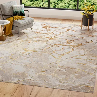 TAPISO Golden Teppich Wohnzimmer Kurzflor Schlafzimmer Luxuriös Creme Gold Abstrakt Linien Meliert Verwischt Modern Design ÖKOTEX 160 x 230 cm