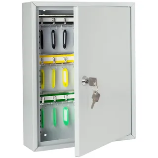 HMF Schlüsselschrank aus Stahl, abschließbarer Schlüsselkasten für Büro, Verwaltung oder Fuhrpark, 42 Haken, 35 x 27 x 8 cm, Lichtgrau