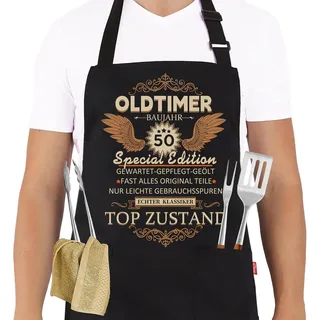 Grillschürze 50 Geburtstag Mann, Küchenschürze als Geschenk zum 50. Geburtstag, Schwarz Kochschürze Herren Verstellbare, Geschenkideen Geburtstagsgeschenk für Männer Lustig Grillen Barbecue BBQ