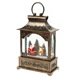Schneekugel Laterne Weihnachtsmann & Schlitten Musik Licht Glitzerantrieb H:25cm