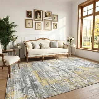 Klyvvo Abstrakt Wohnzimmer Teppich 240x300 cm, Kurzflor Teppich, 1200g/m3 Polyester Maschinwaschbar mit Rutschfester TPE-Unterlage für Schlafzimmer, Esszimmer, Küche, läufer, Grau & Gold