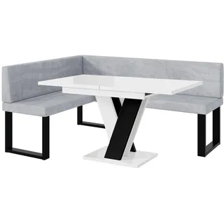 MEBLINI Eckbank für Esszimmer mit ausziehbarem Tisch - Küchenbank - Essecke - Sitzecke Küche - Toni - U-Beine 128x168x87cm Links - Hellgrau Samt/M Weiß-Schwarz Hochgl.