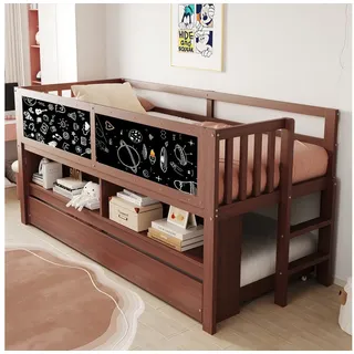 Merax Kinderbett 90x200cm mit Ausziehbett (1-tlg), Massivholz Hausbett Gästebett Jugendbett mit Tafel, Leiter & Stauraum braun