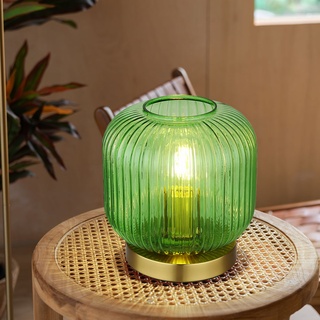Tischlampe Retro Nachttischlampe Tischleuchte Glas grün 1 flammig Wohnzimmer, Metall messing, 1x E27, DxH 20x21 cm