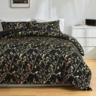 Bettwäsche Schwarz 220x240 Aesthetic Blumen Bettwäsche-sets Gold Microfaser Luxus Modern Bettbezug mit Metallic-Glitzermuster Teenager Wendebettwäsche und Kissenbezüge 80x80 mit Reißverschluss
