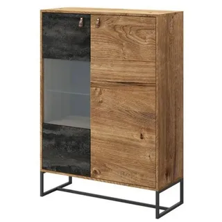 MOEBLO Highboard BENO BWT93 (Schrank für Wohnzimmer mit Türen Vitrinenschrank Glasvitrine, Gehärtetes Glas Griffe aus Leder und Füße aus Metall Vitrine Sideboard), (BxHxT): 93x133x39cm braun|schwarz