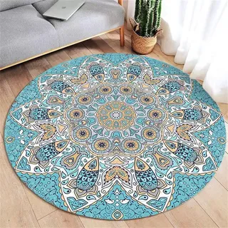 Hearda Einfaches Mandala Teppich Rund Reppich Schlafzimmer, Pflegeleicht Innenbereich Runder Teppich, Waschbarer rutschfest fürs Wohnzimmer, Büro Dekorieren (Blau,120cm)
